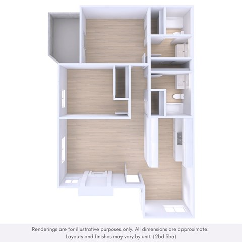 Floor plan for 2 beds, 2 baths, 1000 sqft
